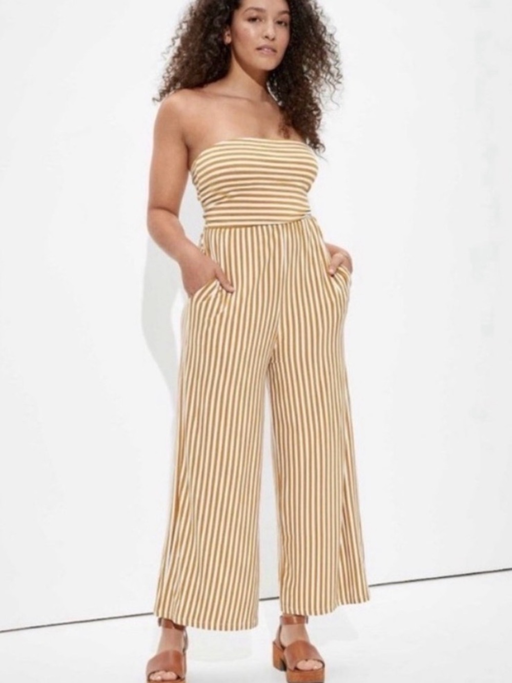 American Eagle Outfitters Mustard Striped  Strapless Wide-Leg Jumpsuit